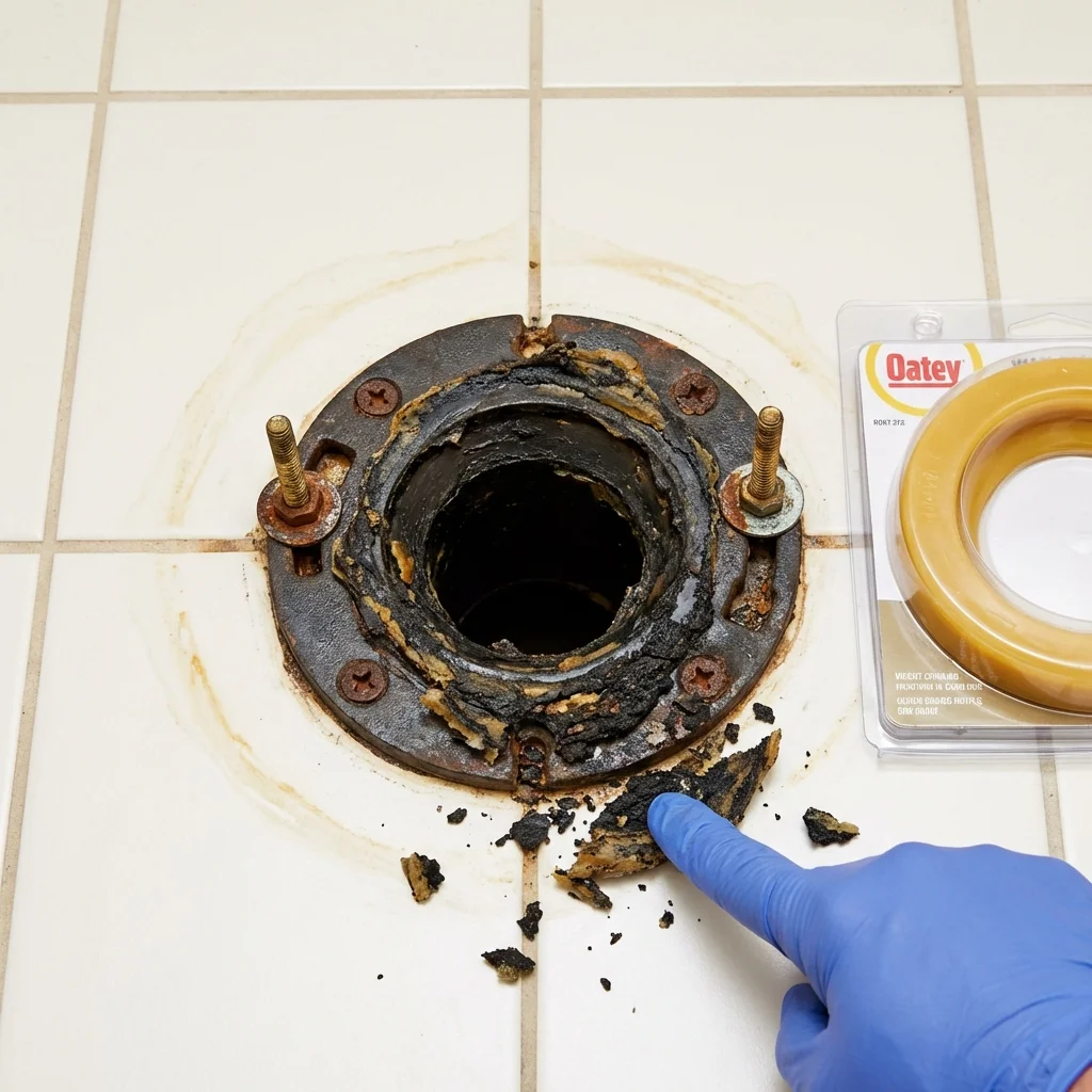 Failed wax ring showing water seepage at the base of a toilet in a Howard, SD home