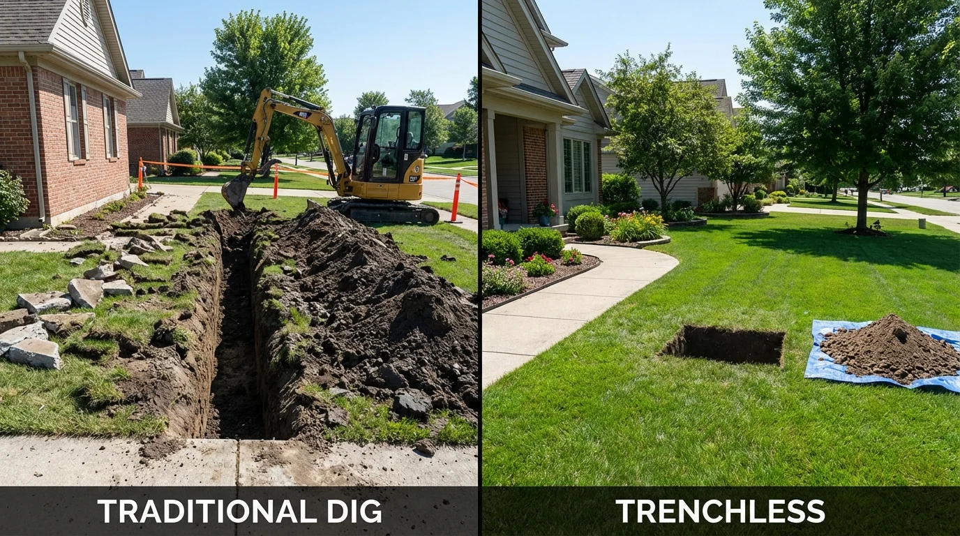Trenchless sewer repair with minimal yard damage versus traditional excavation in Howard, SD